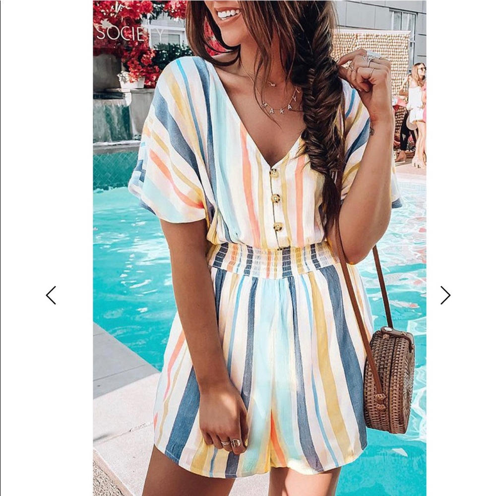 V-neck Button Colorful Striped Casual Romper
